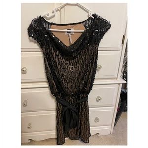 Sheer black sequin with nude overlay minidress